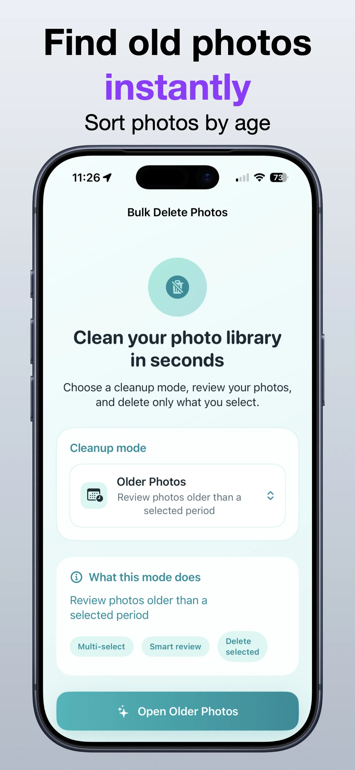 Bulk Delete Photos screenshot: Find older photos quickly