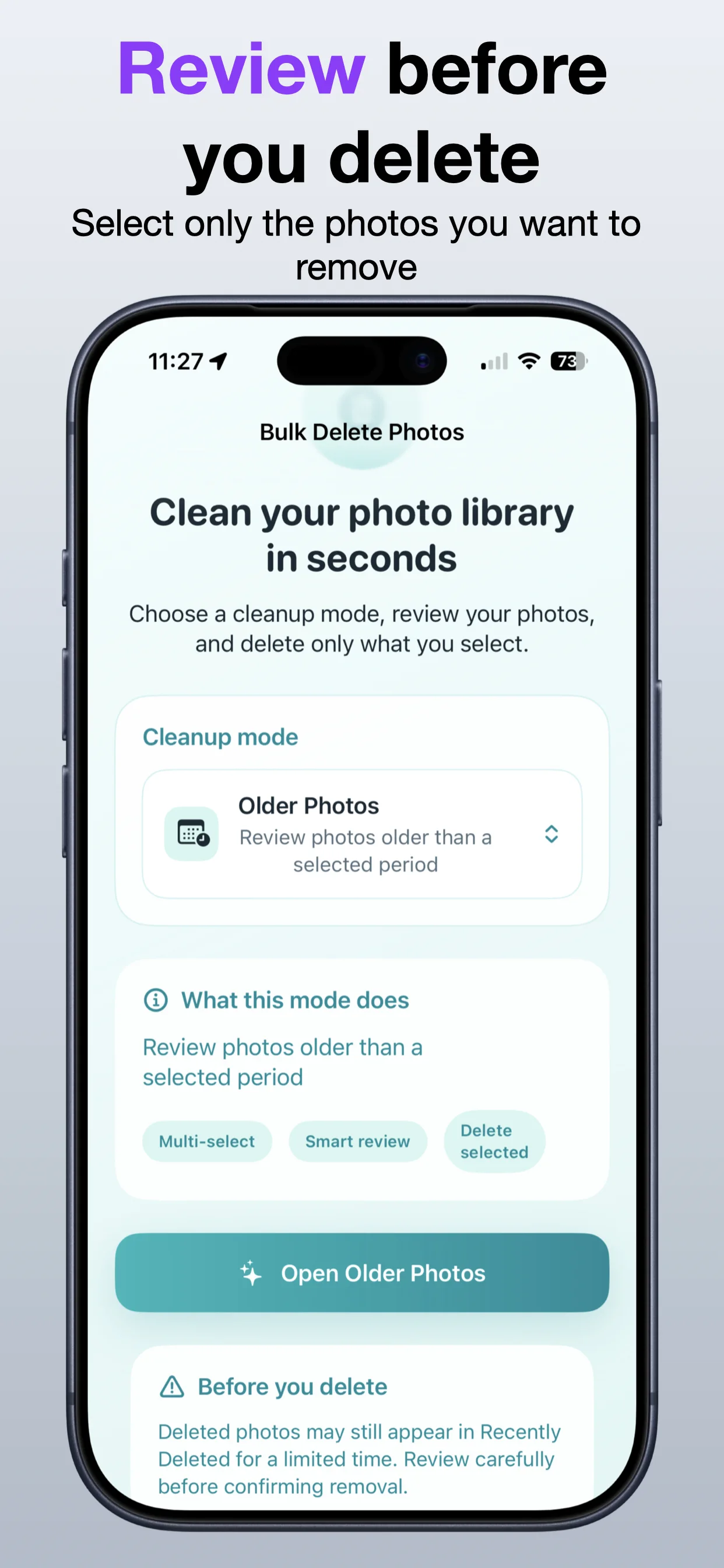 Bulk Delete Photos screenshot: Review before deleting