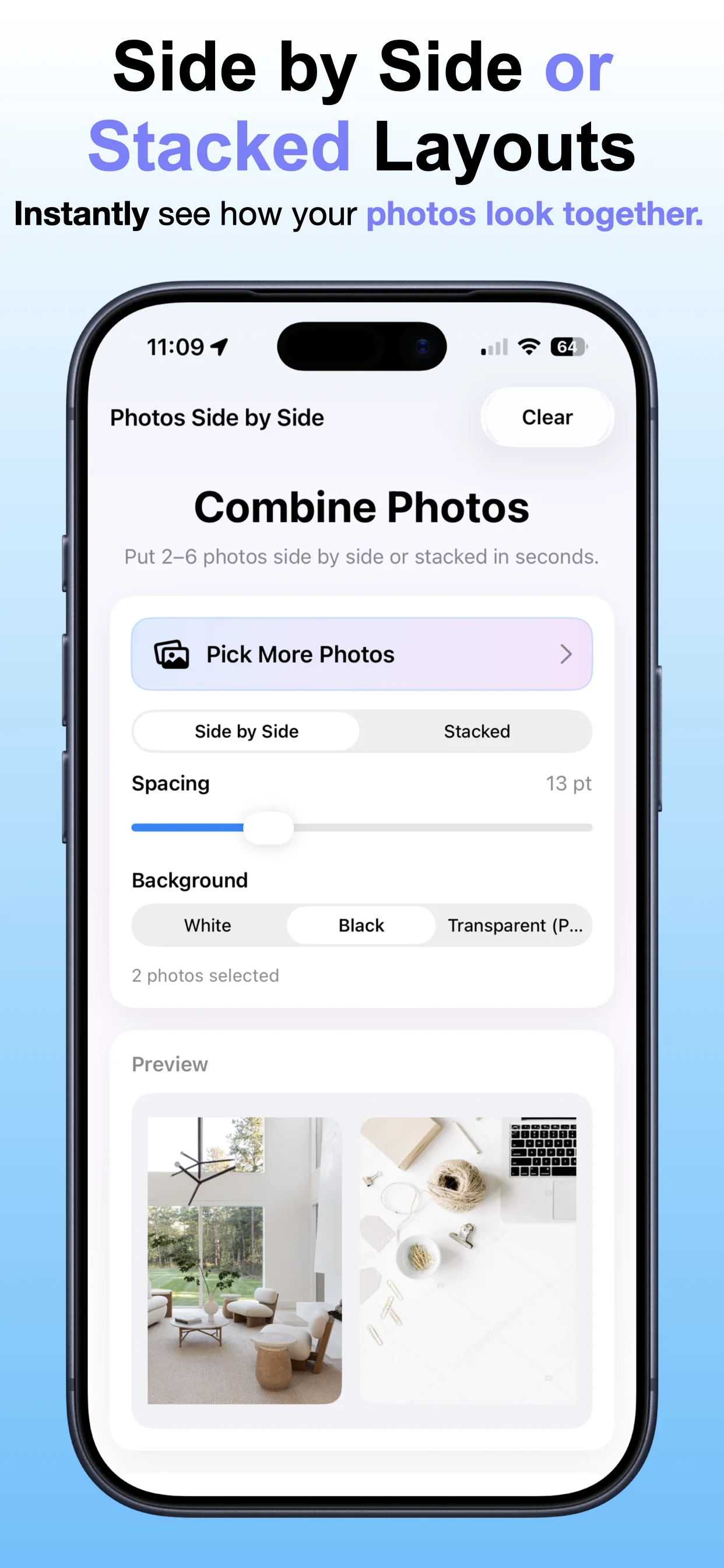 Combine Photos Side by Side screenshot: Create one combined image