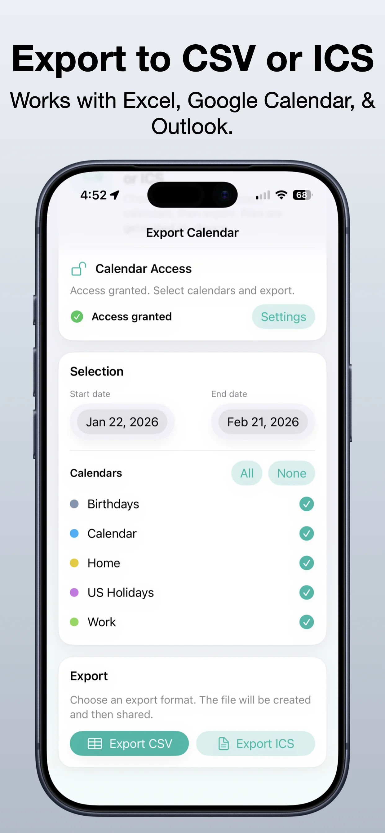 Export Calendar screenshot 3: Choose CSV or ICS output