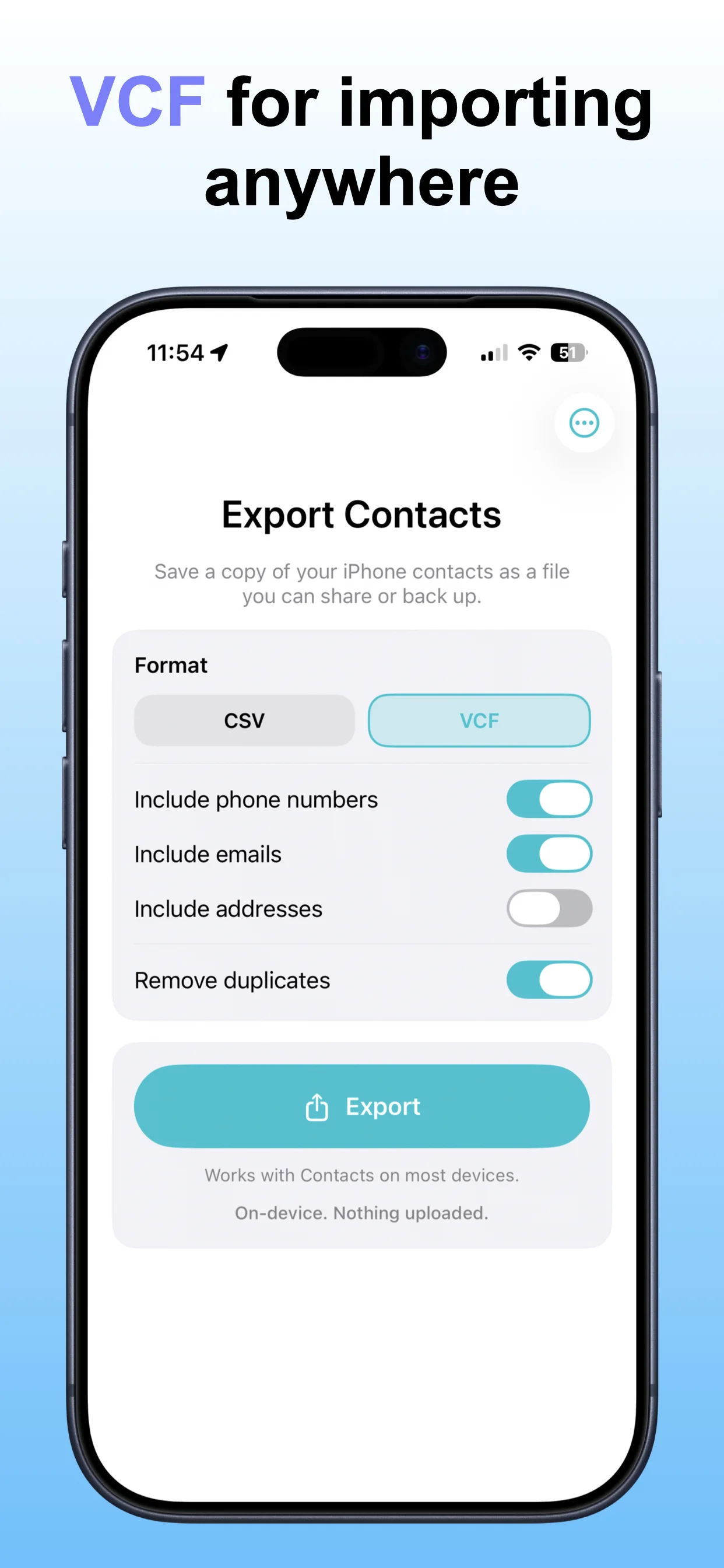 Export Contacts screenshot: Choose export format