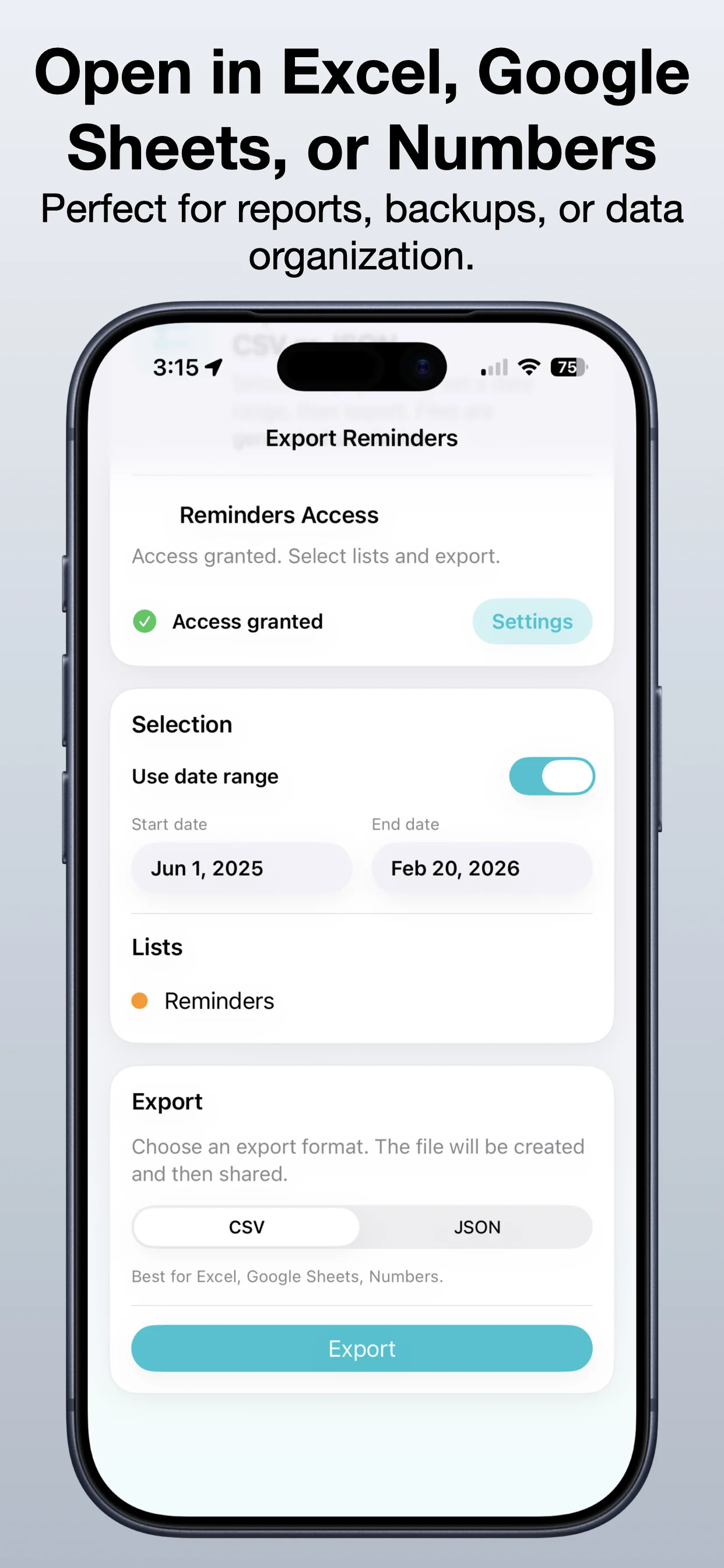 Export Reminders screenshot 3: Choose CSV or JSON