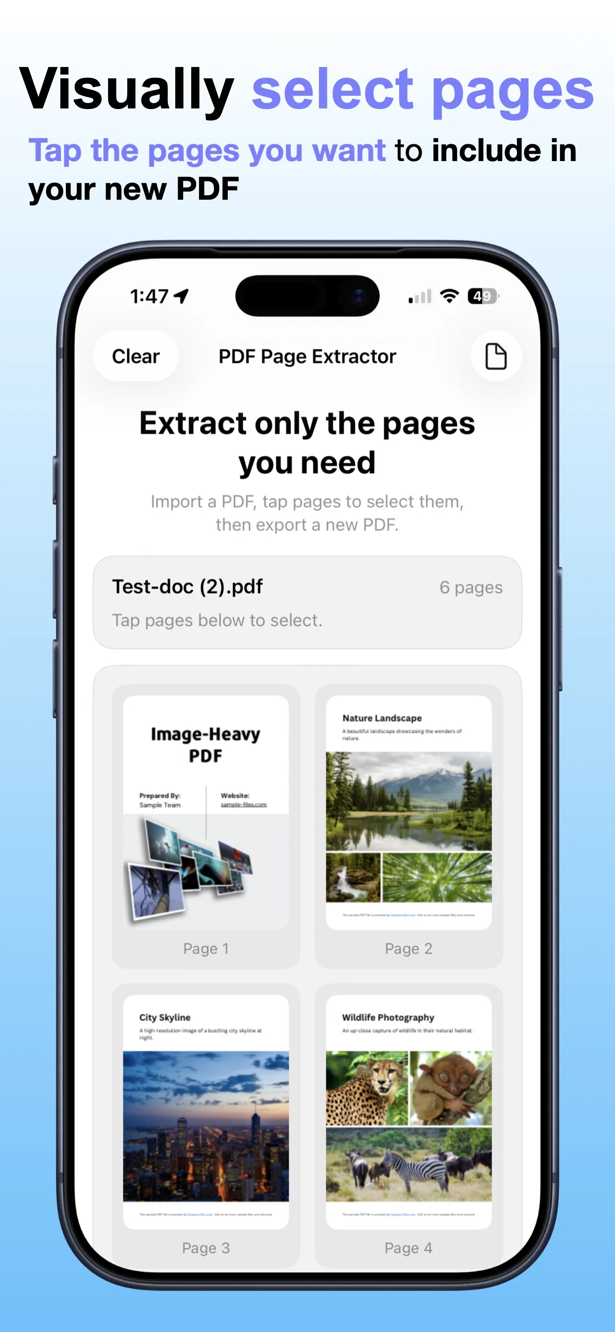 PDF Page Extractor screenshot: Choose pages