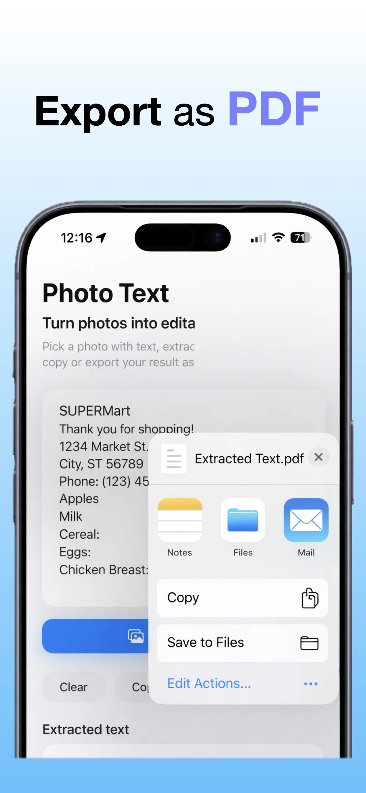 Photo To Text PDF screenshot: Save the PDF