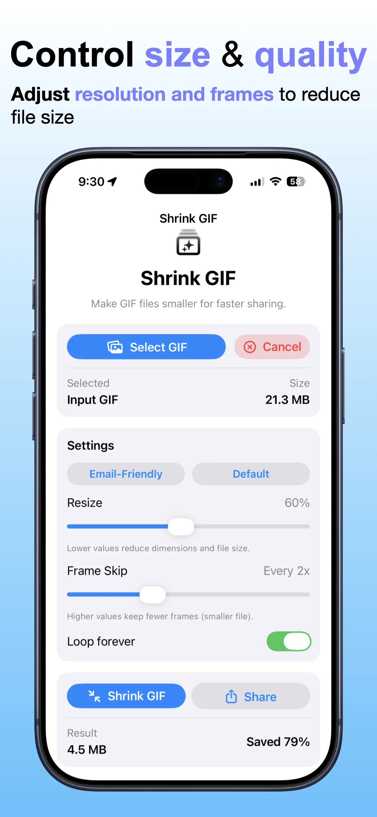 Shrink GIF - Compress GIFs screenshot: Review compression