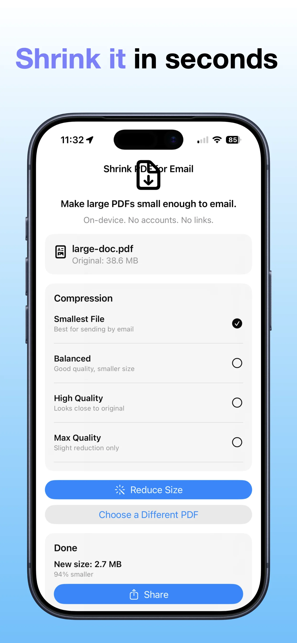 Shrink PDF Email screenshot: Review the smaller file